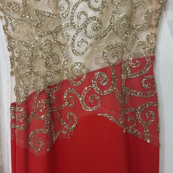 Formal Sheer Red Gold Mermaid Dress Glitter Open Back Small Women’s - Picture 5 of 13